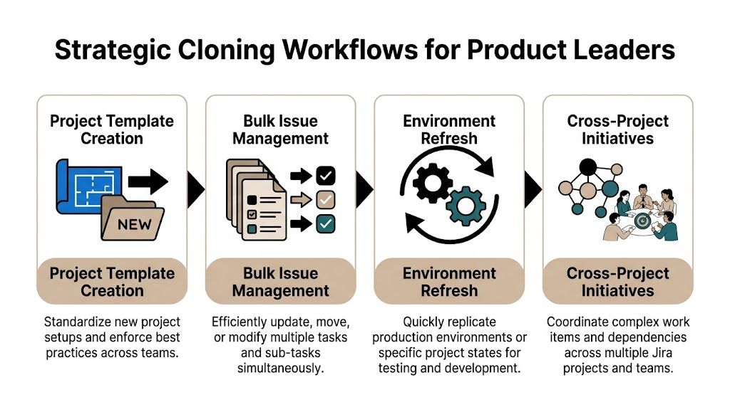 A diagram illustrating four strategic cloning workflows for product leaders in Jira project management software.