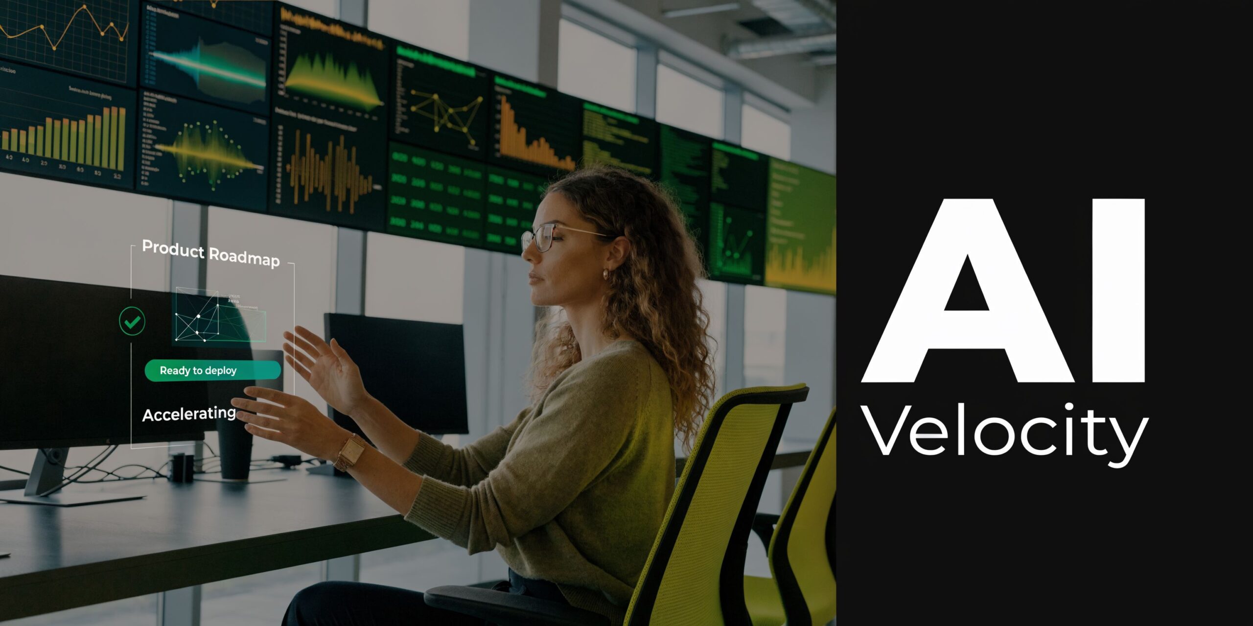A professional analyst interacting with a digital product roadmap interface in a modern high-tech data control room.