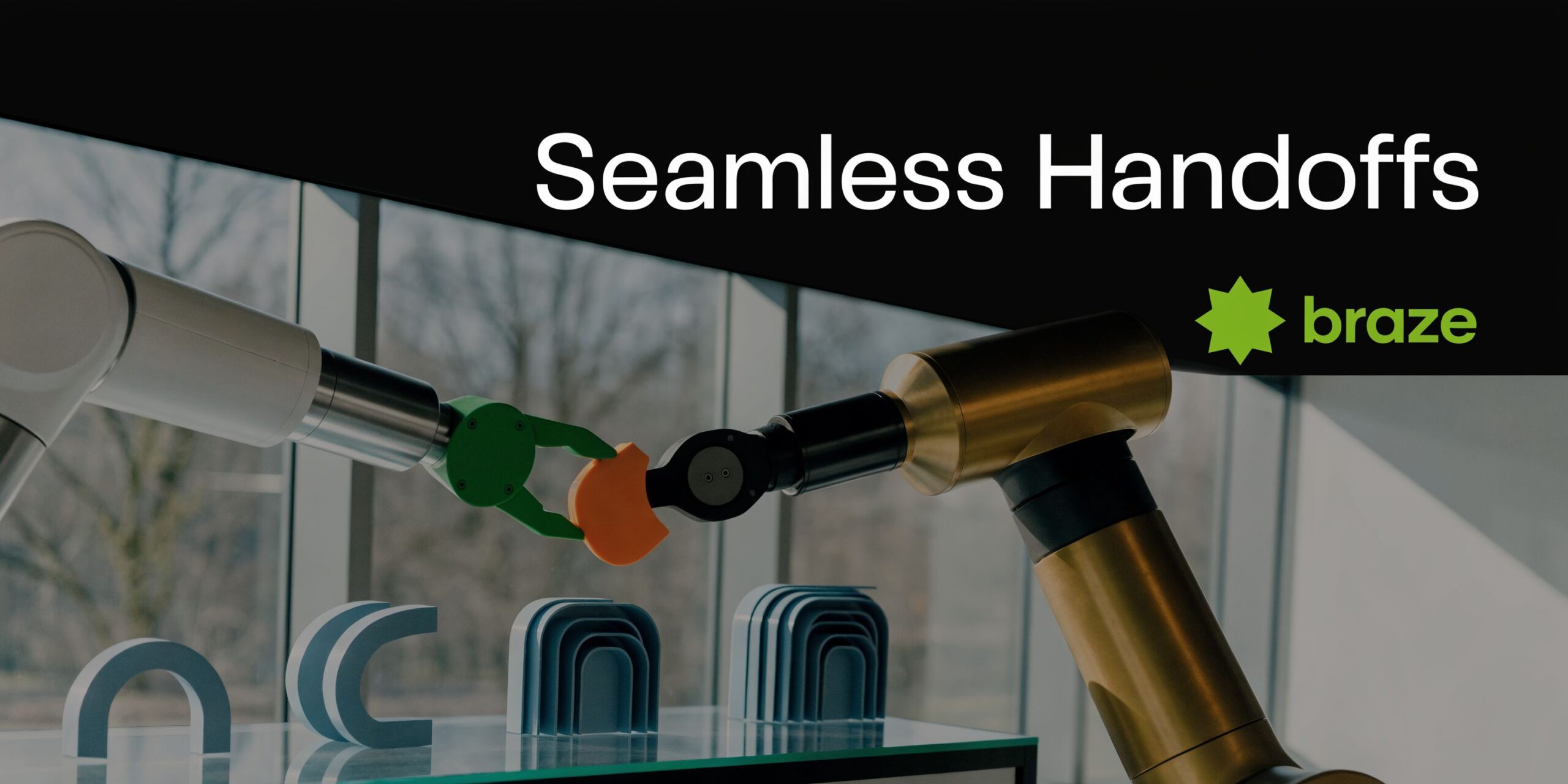 Two robotic arms transferring an orange object against a modern office window background with Braze logo.