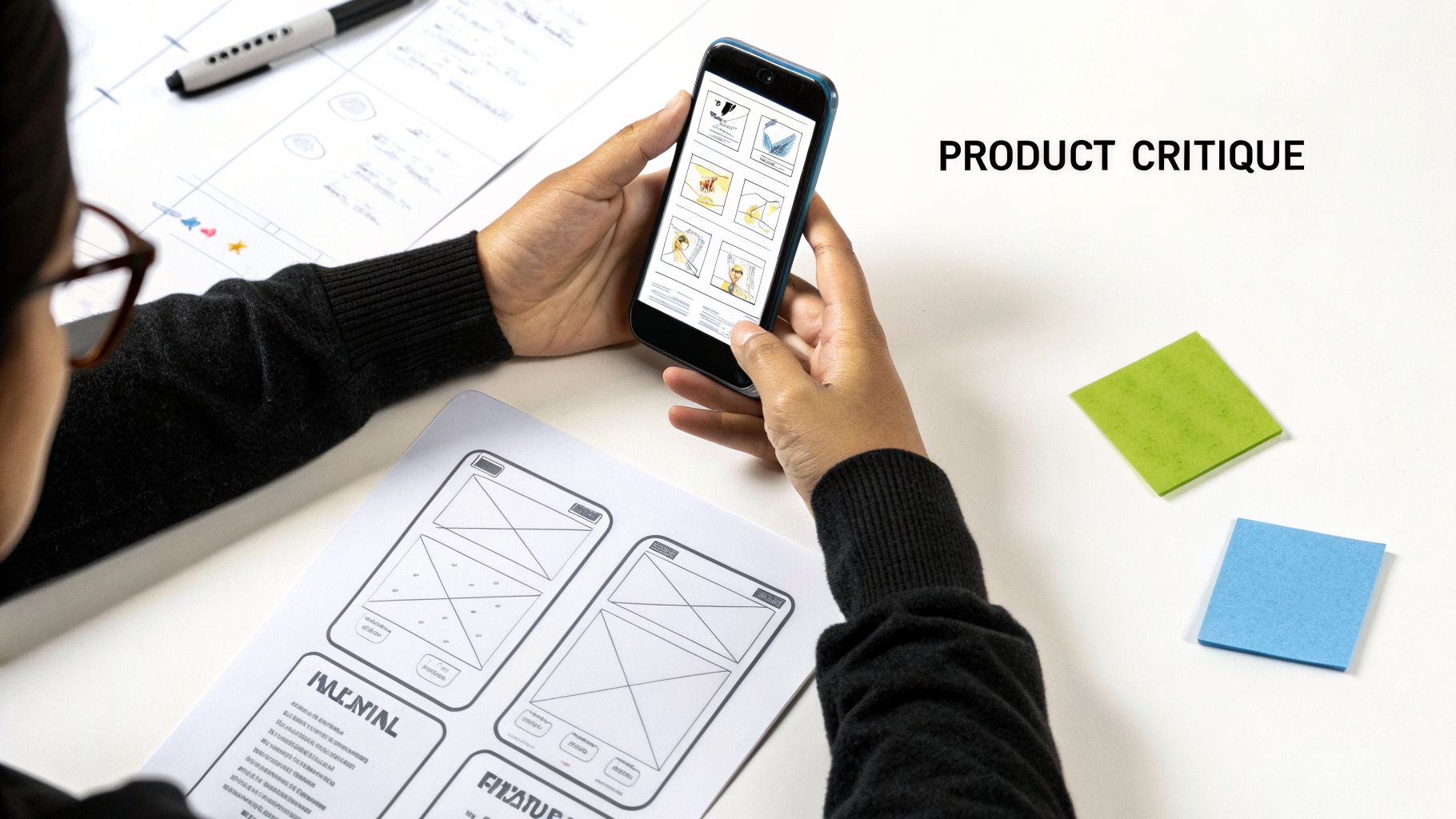 Overhead view of a person critiquing a product design on a smartphone with wireframes and sticky notes on a desk.