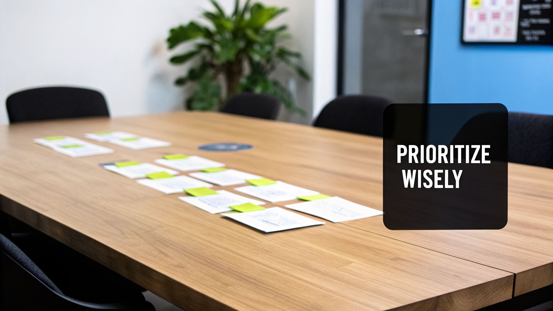 A wooden conference table with rows of white cards and green sticky notes, ready for a meeting.