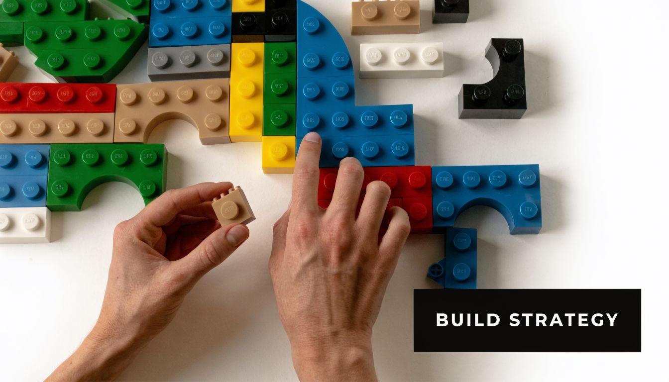 A person builds a complex structure using colorful plastic building blocks on a white surface.