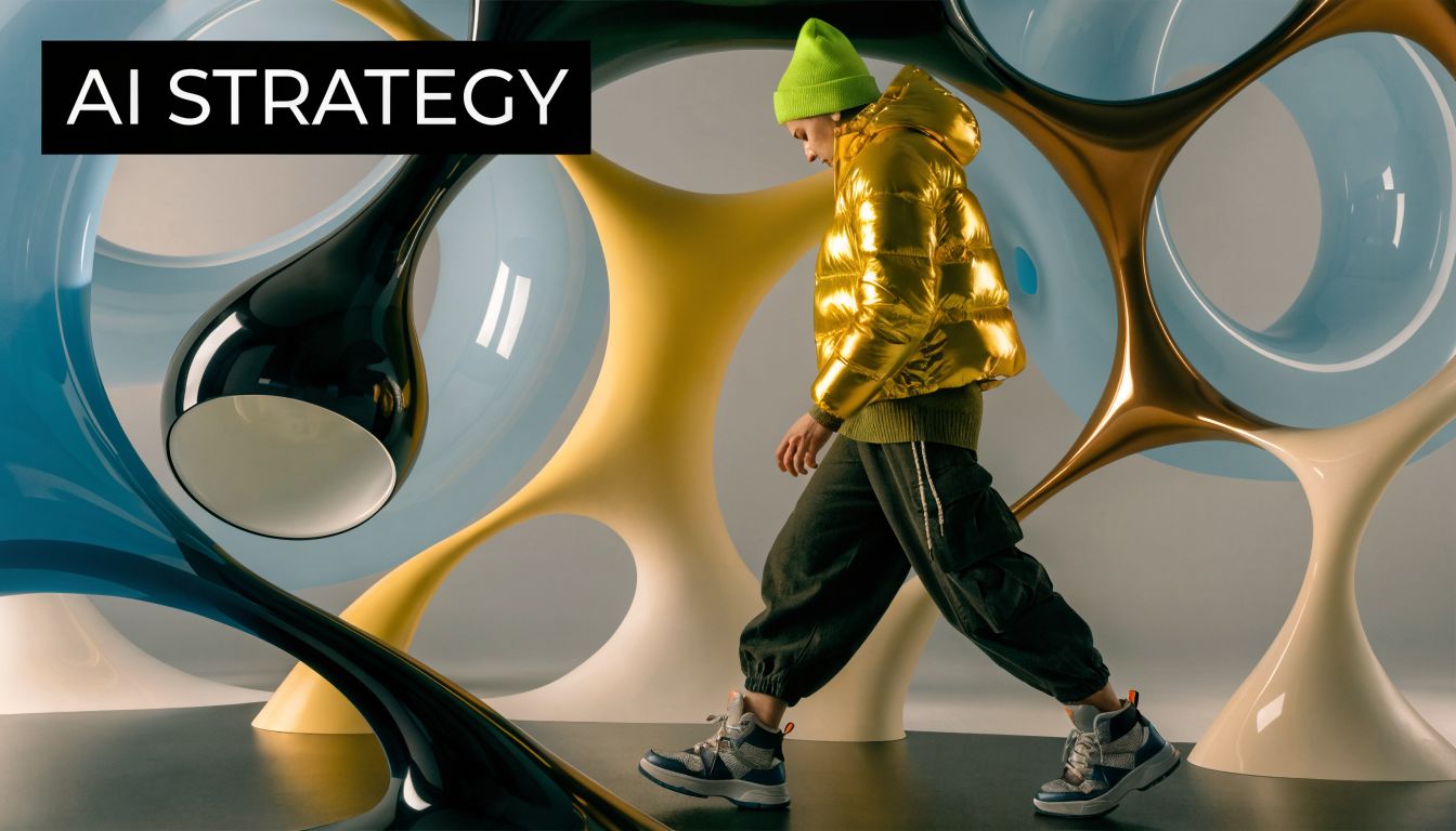 A person in a shiny gold jacket and green beanie walking through an abstract, colorful art installation.
