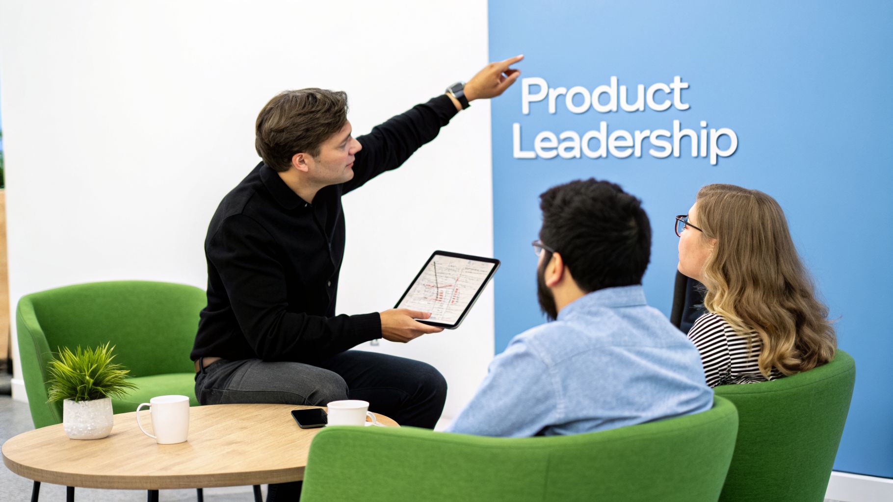 Man with tablet pointing to 'Product Leadership' text on a blue wall during a business meeting.