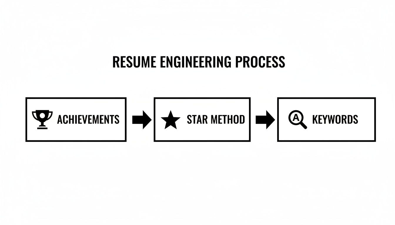 A diagram illustrating the resume engineering process with three steps: Achievements, STAR Method, and Keywords.