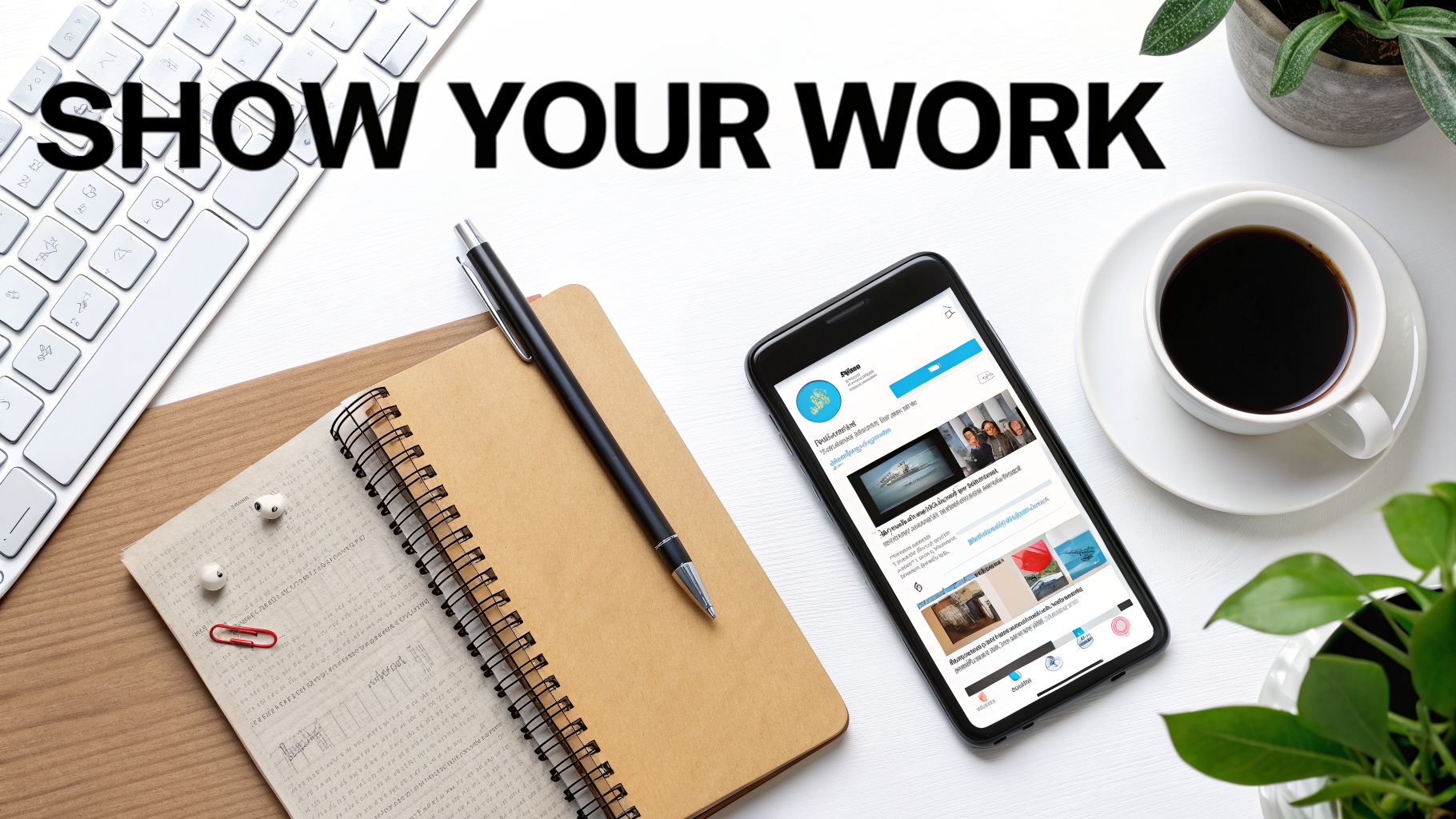 A flat lay of a modern workspace with a keyboard, notebook, smartphone, coffee, and 'SHOW YOUR WORK' text.