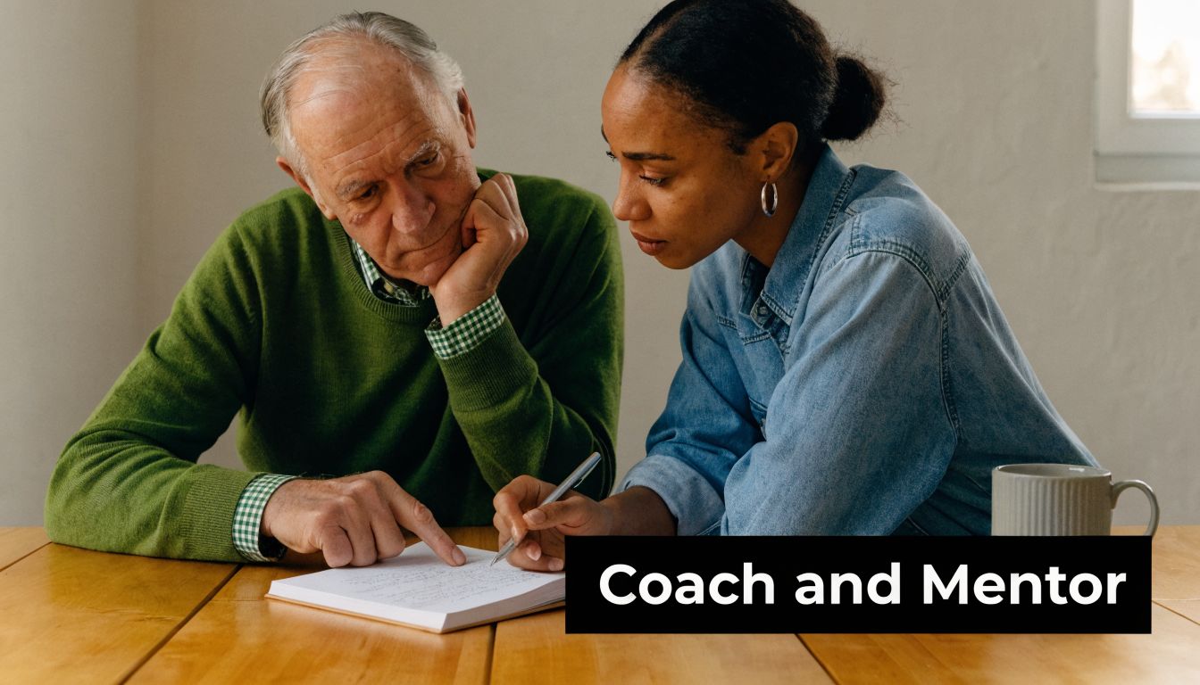 An older man and a younger woman working together at a table while reviewing some written notes.