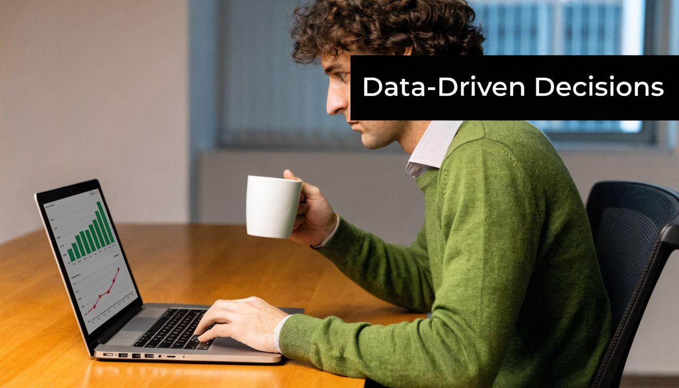 A professional man with curly hair wearing a green sweater drinks coffee while analyzing data on laptop.