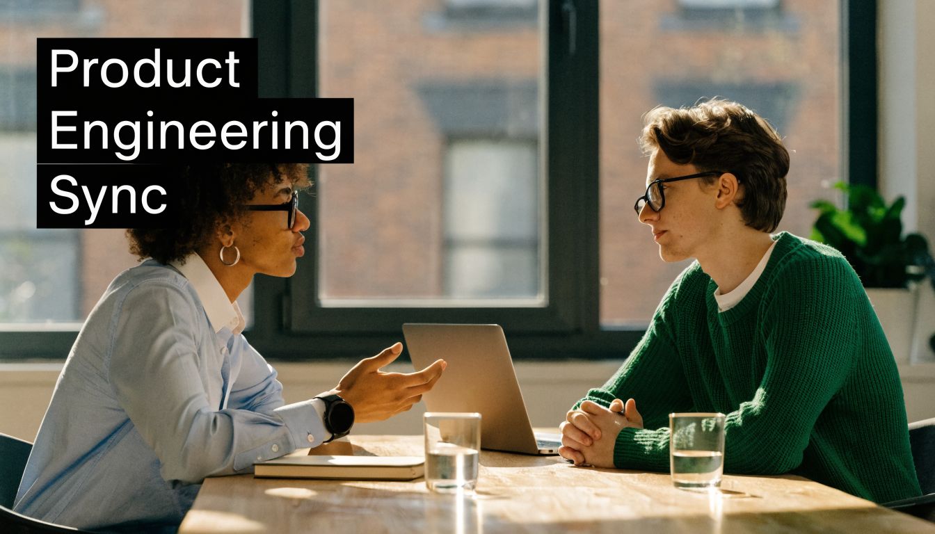 A woman and a man in a professional office setting having a Product Engineering Sync meeting.