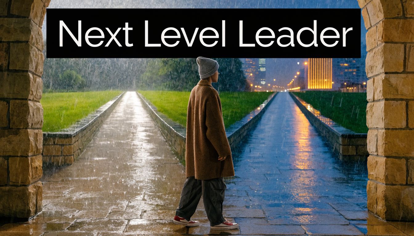 A person in a beanie and coat stands between two paths in the rain under an archway.
