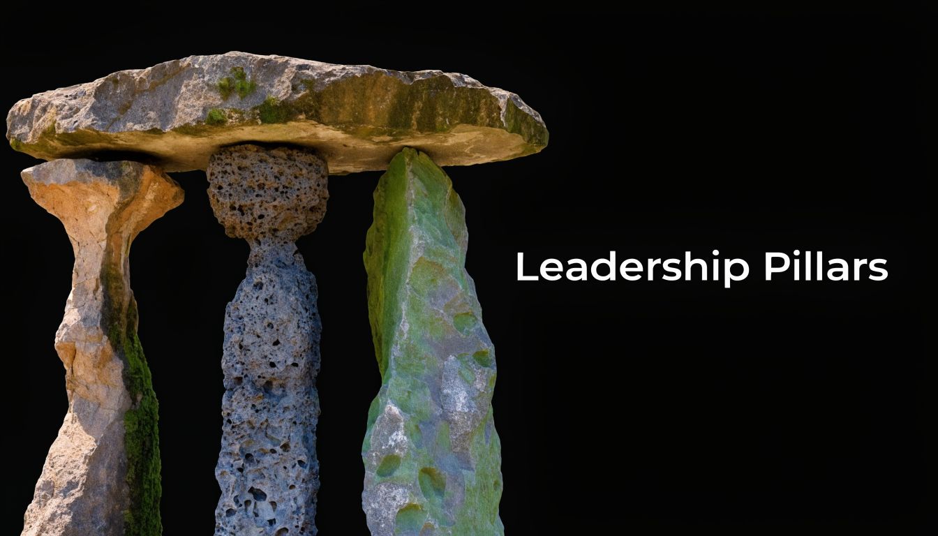 A conceptual image featuring three unique stone pillars supporting a large rock slab against black background.
