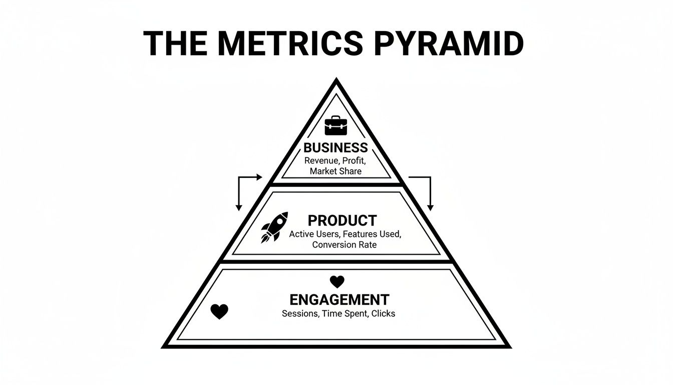 The Metrics Pyramid showing business, product, and engagement metrics hierarchy for product managers.