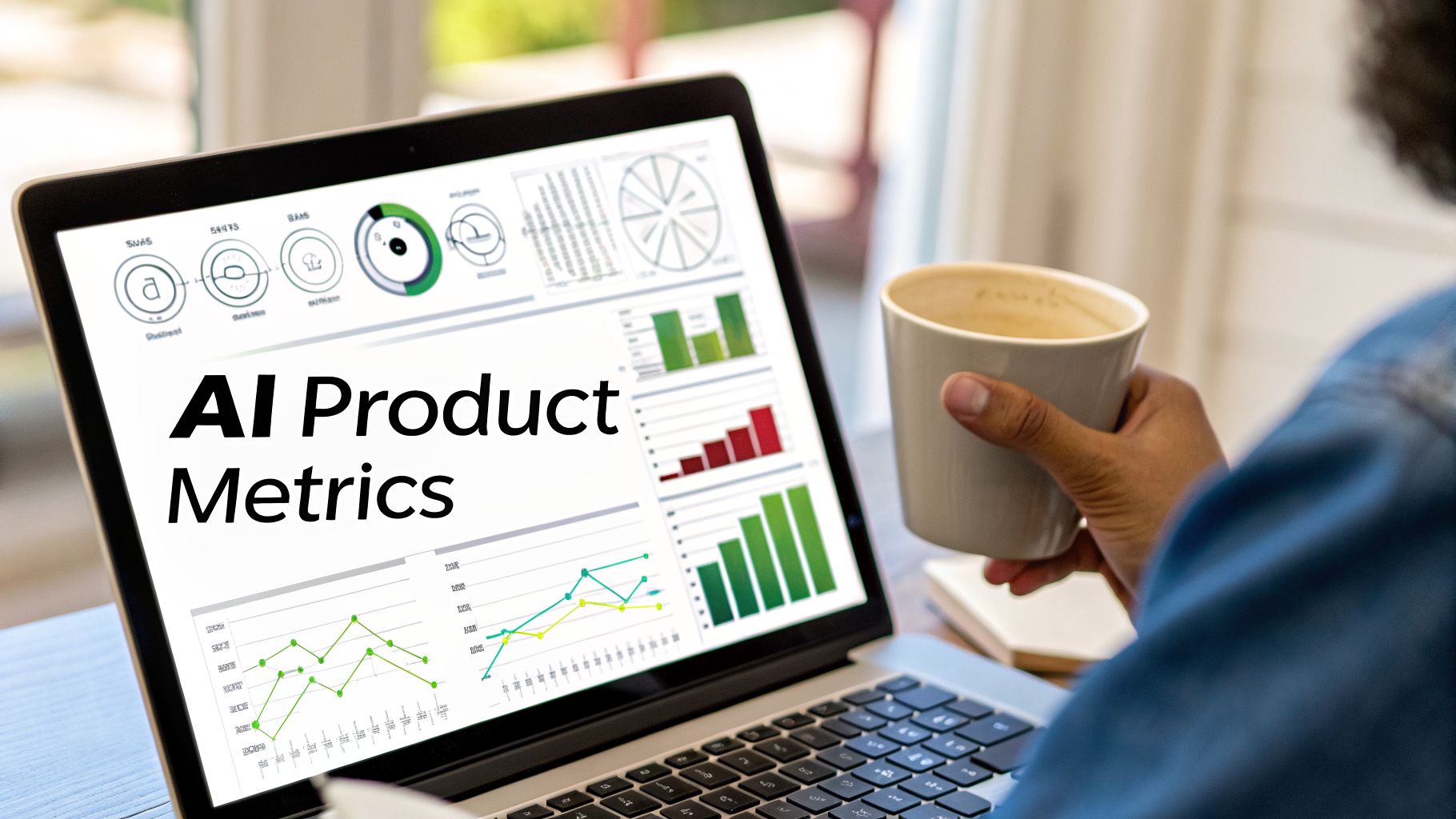 Person reviewing AI product metrics on a laptop with charts and graphs, holding a coffee cup.
