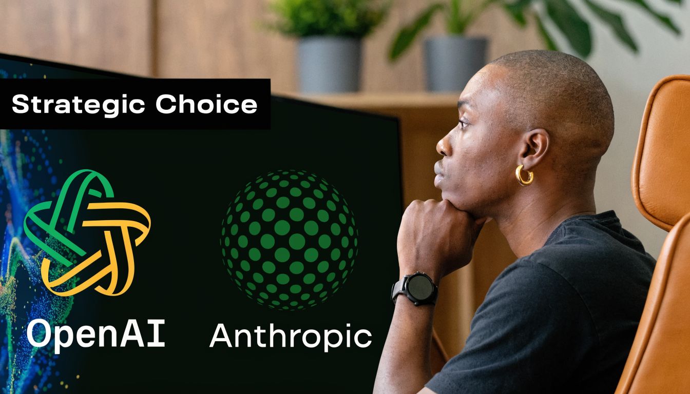 A person looking at a monitor displaying the OpenAI and Anthropic logos under the title Strategic Choice.