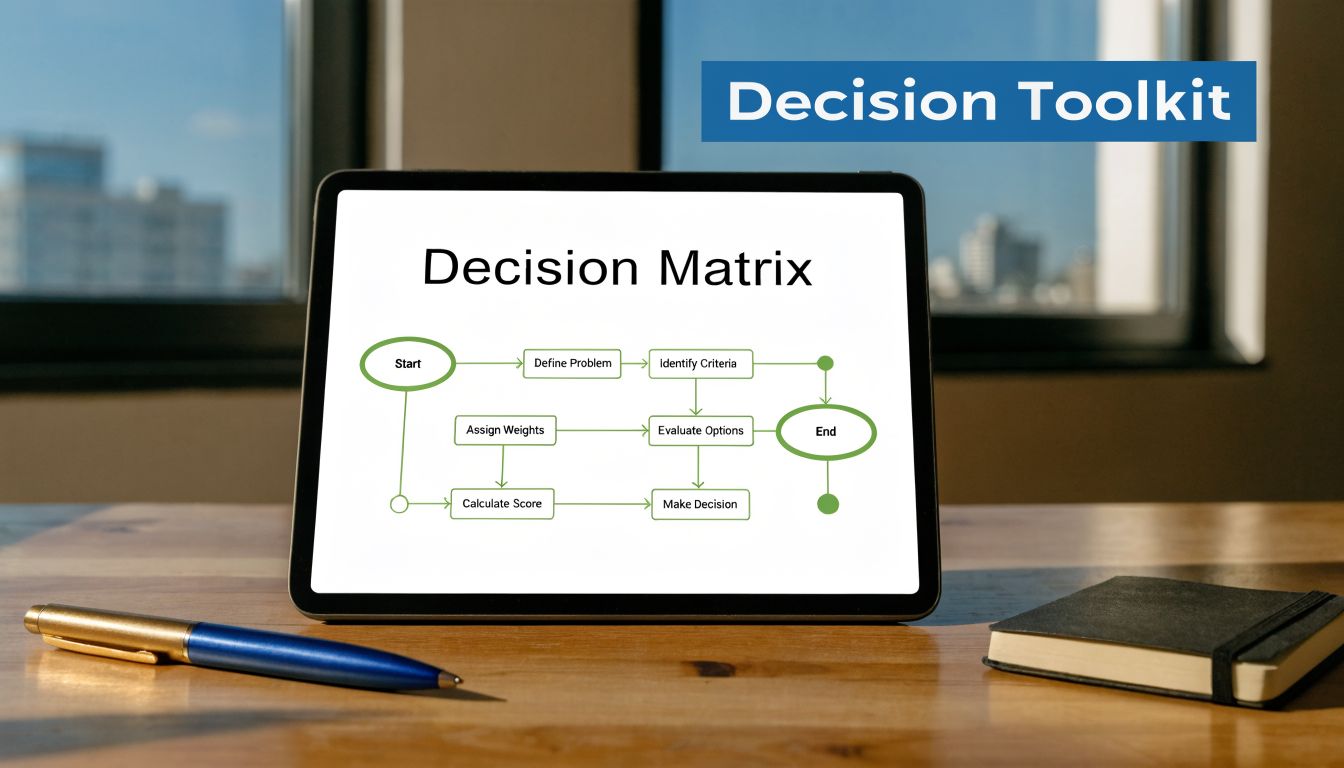 A digital tablet displaying a process flowchart for a decision matrix on a wooden table.