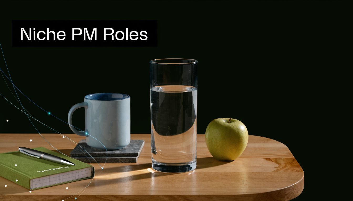 A wooden table holding a green notebook, a pen, a blue mug, a glass of water, and an apple.