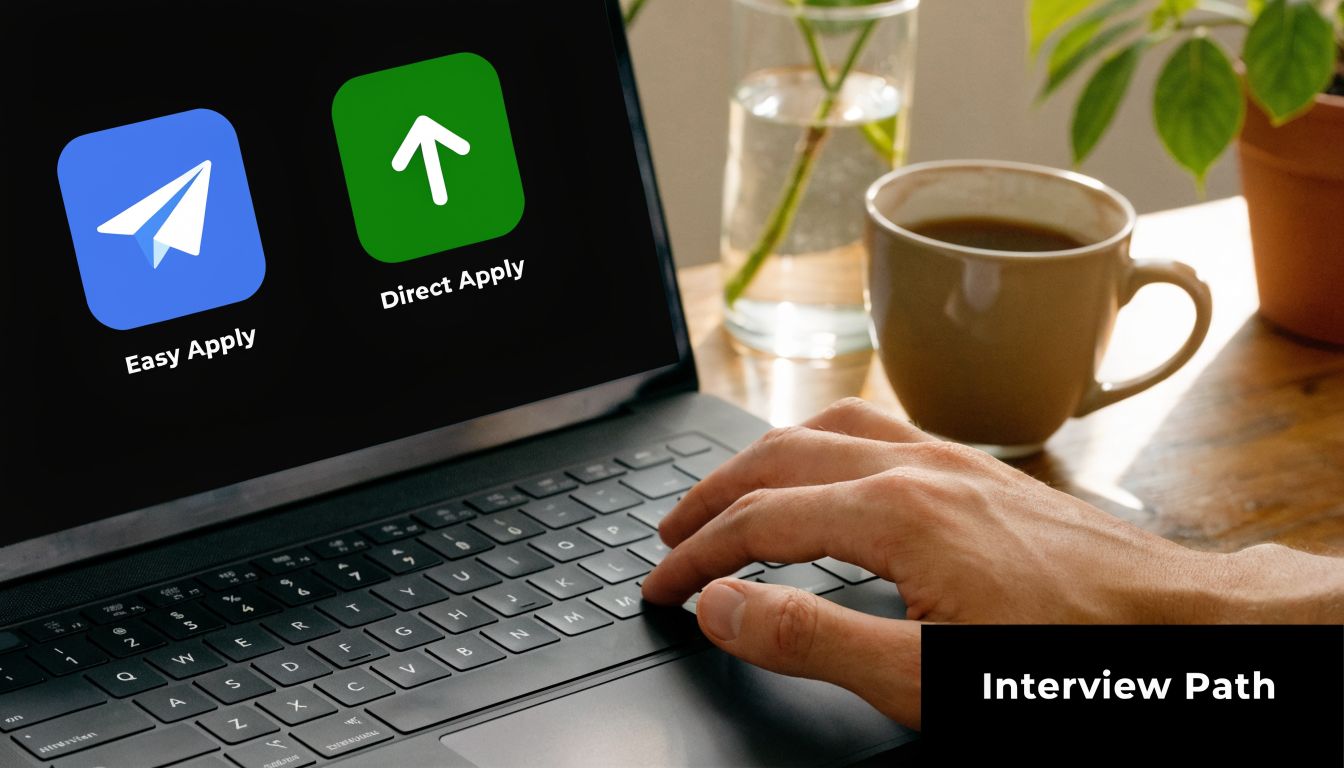 A person using a laptop with job application options, featuring Easy Apply and Direct Apply icons.