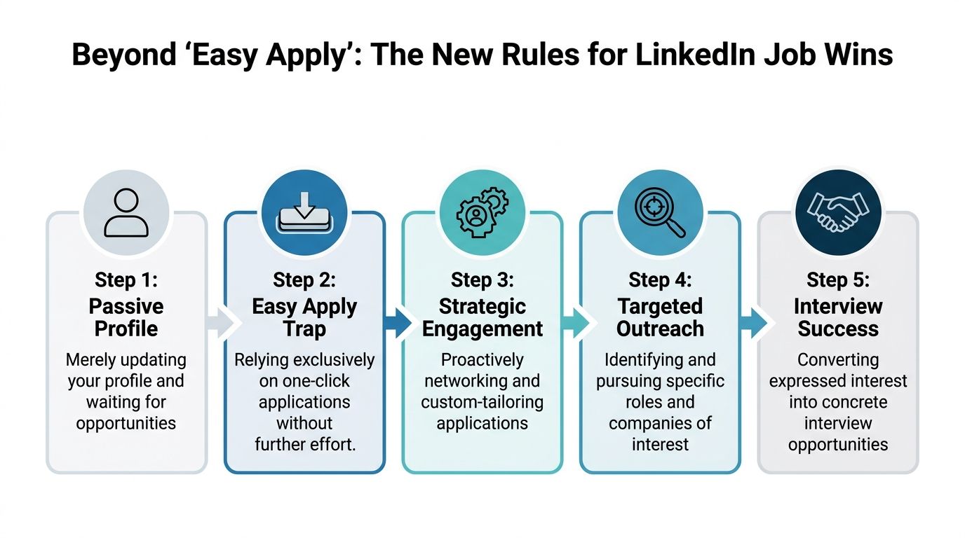A five-step flowchart illustrating a strategic process for securing job opportunities on LinkedIn beyond simple applications.