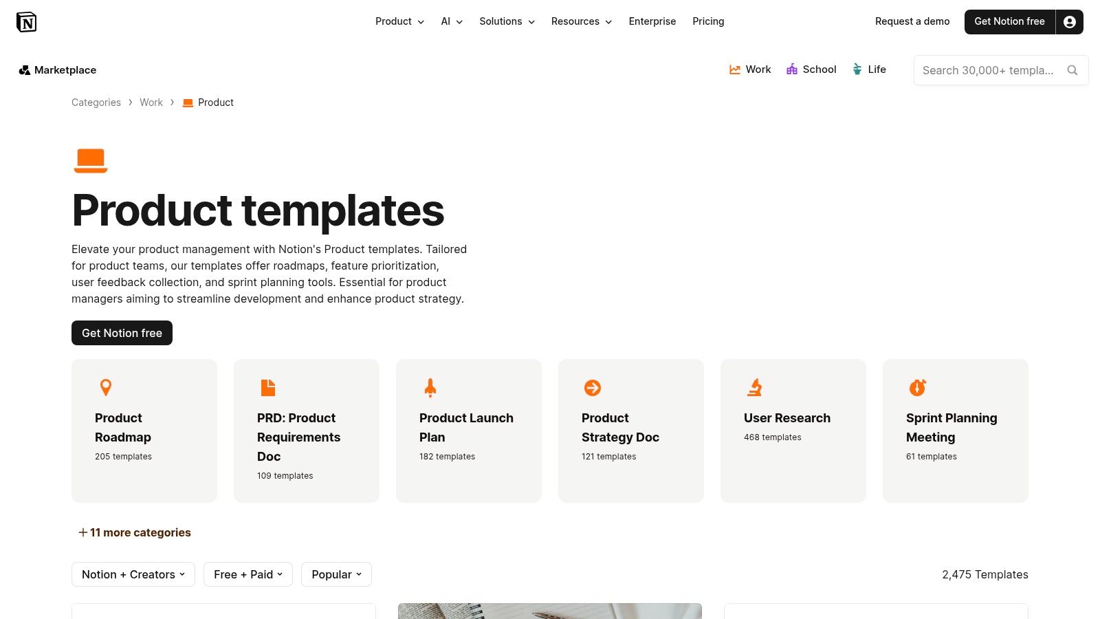 Notion Product Templates (official marketplace)