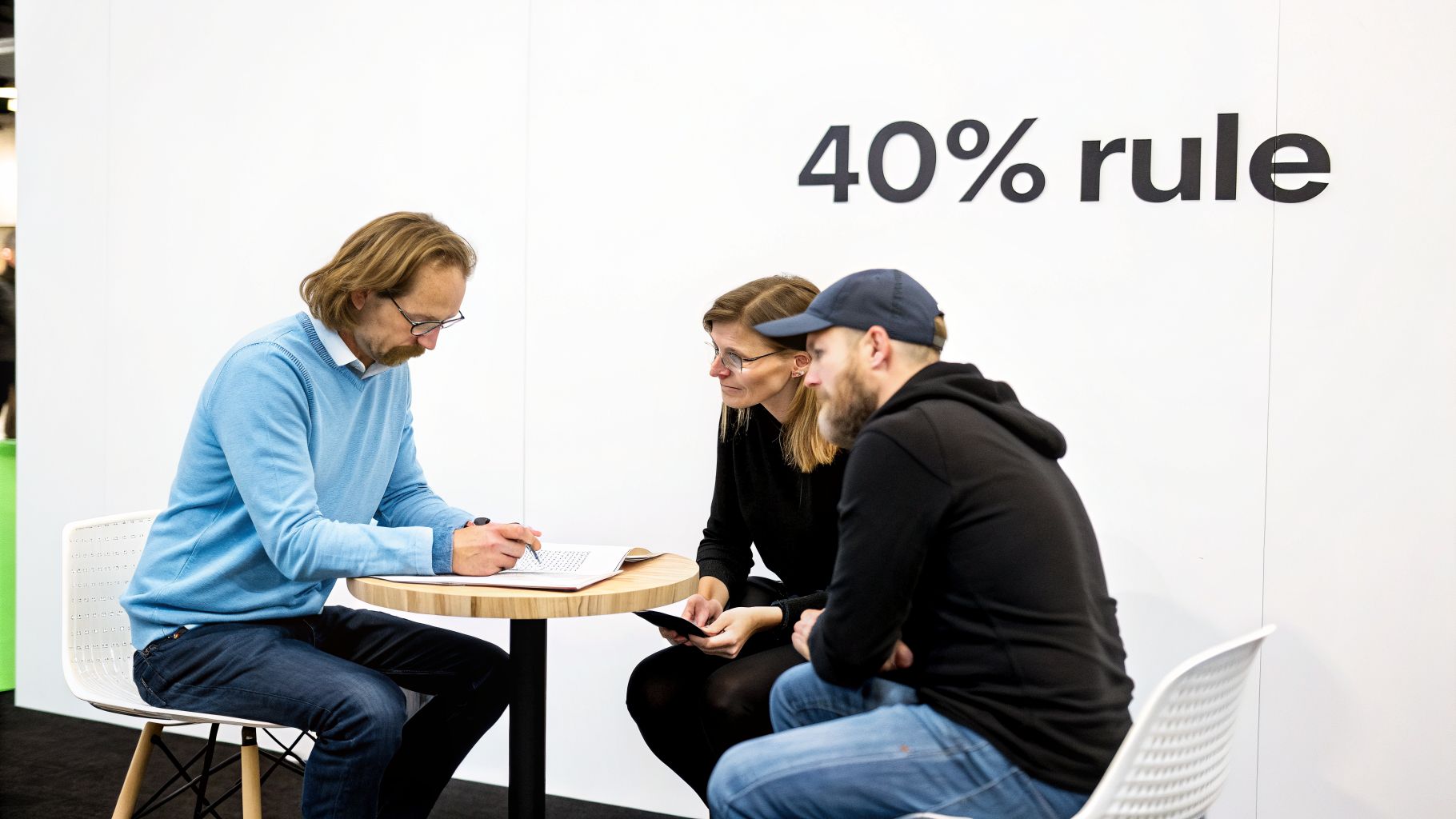 Three people at a table, one writing, one using a tablet, with '40% rule' on the wall.