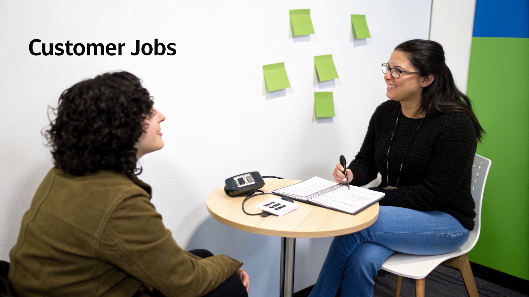 Two women discuss at a table, one taking notes, with "Customer Jobs" text on the wall.
