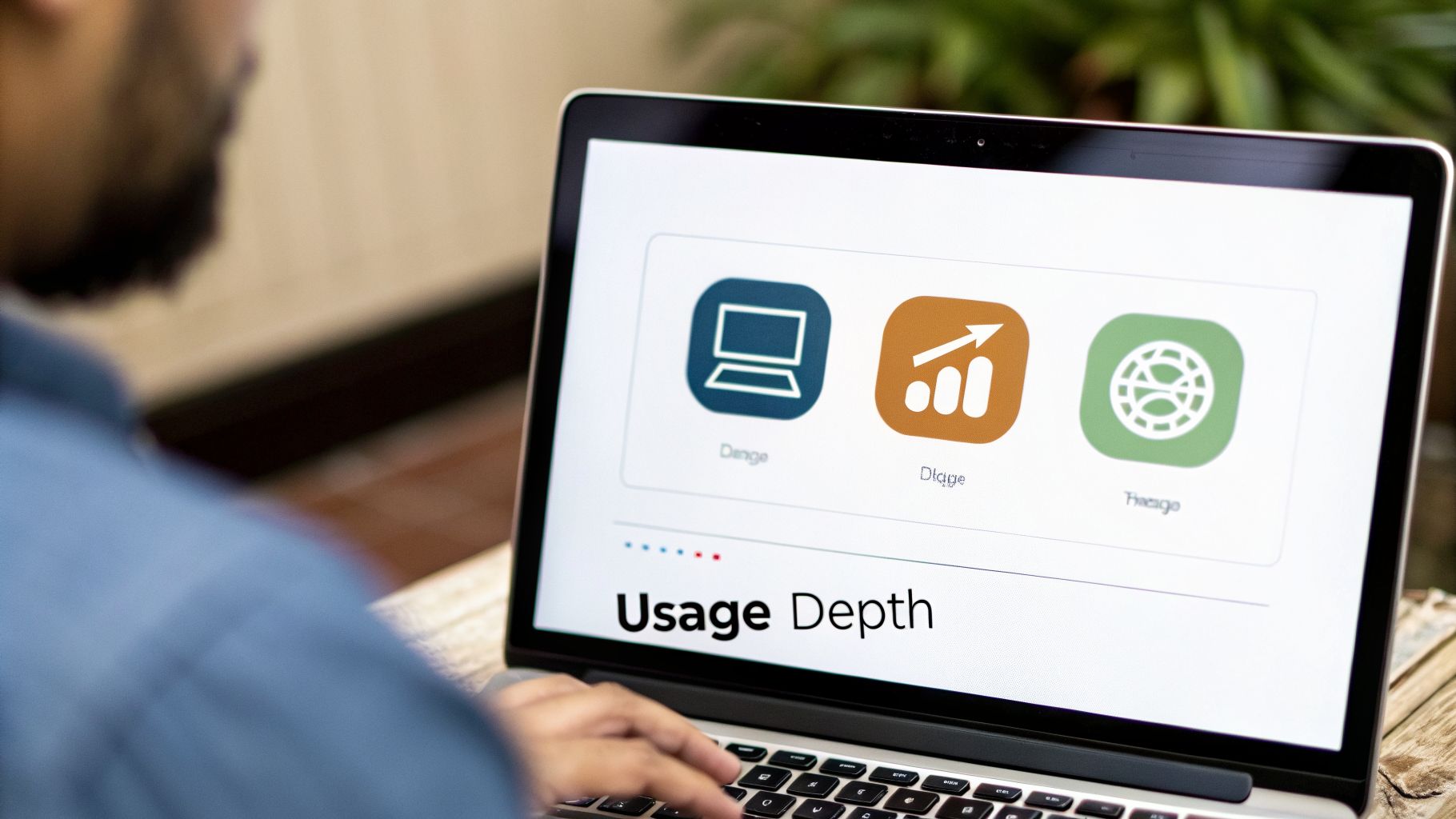 A person views a laptop displaying 'Usage Depth' and icons for data insights and device.