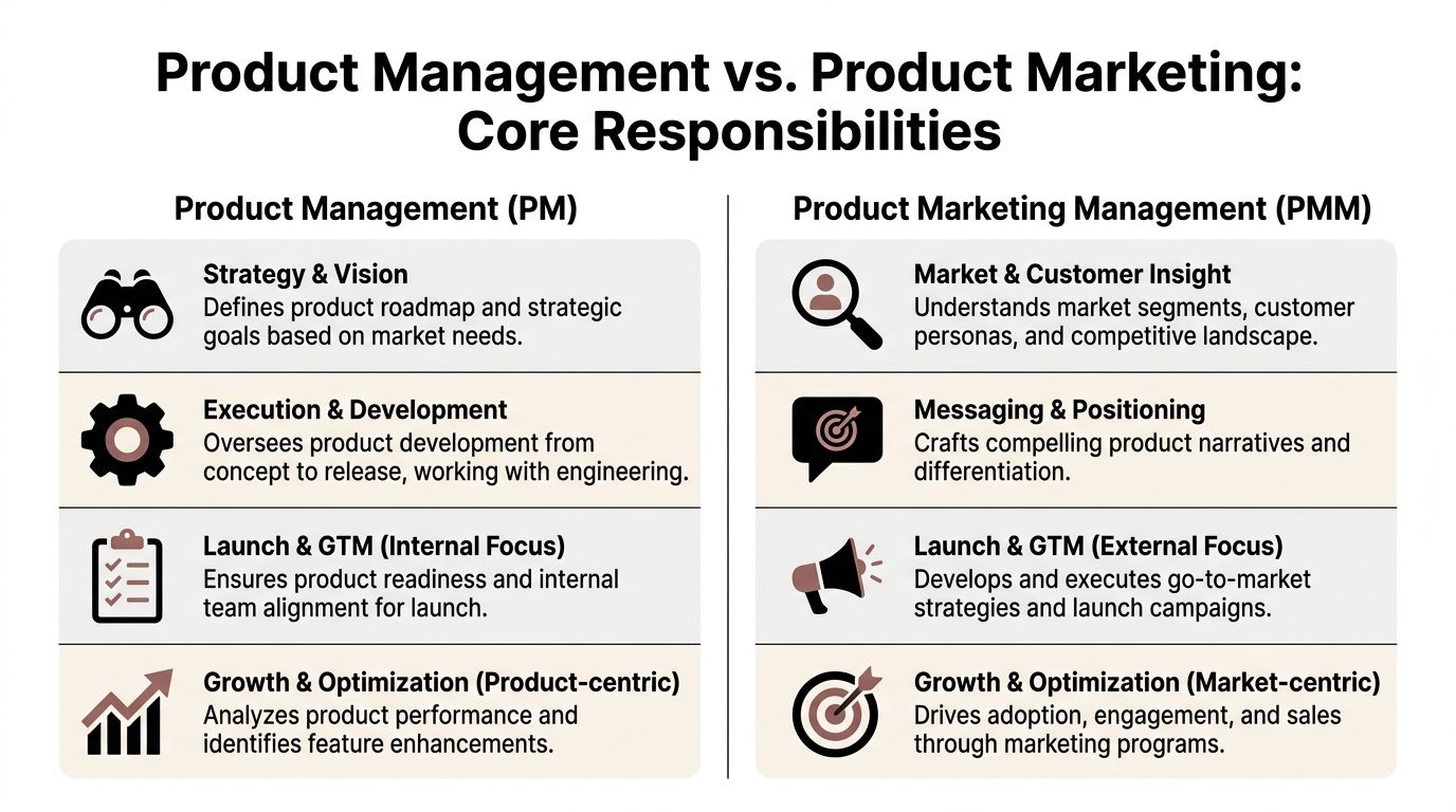 A comparison chart outlining the core responsibilities of product management versus product marketing management in business.