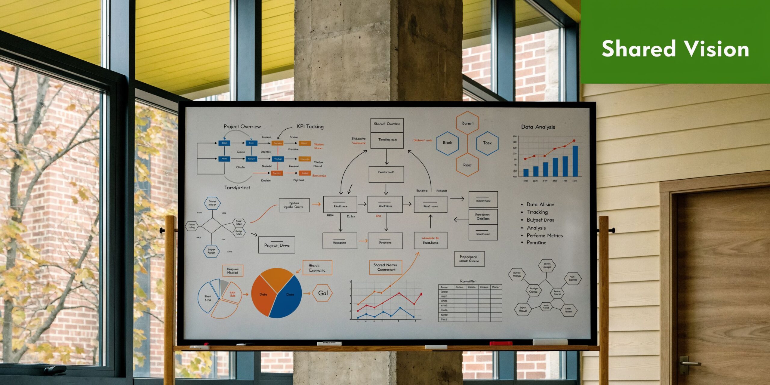 A large whiteboard with business charts, flow diagrams, and project management notes in a bright, modern office.