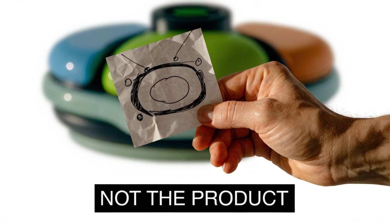 A hand holds a crumpled paper drawing of an electronic device in front of an automated pet feeder.