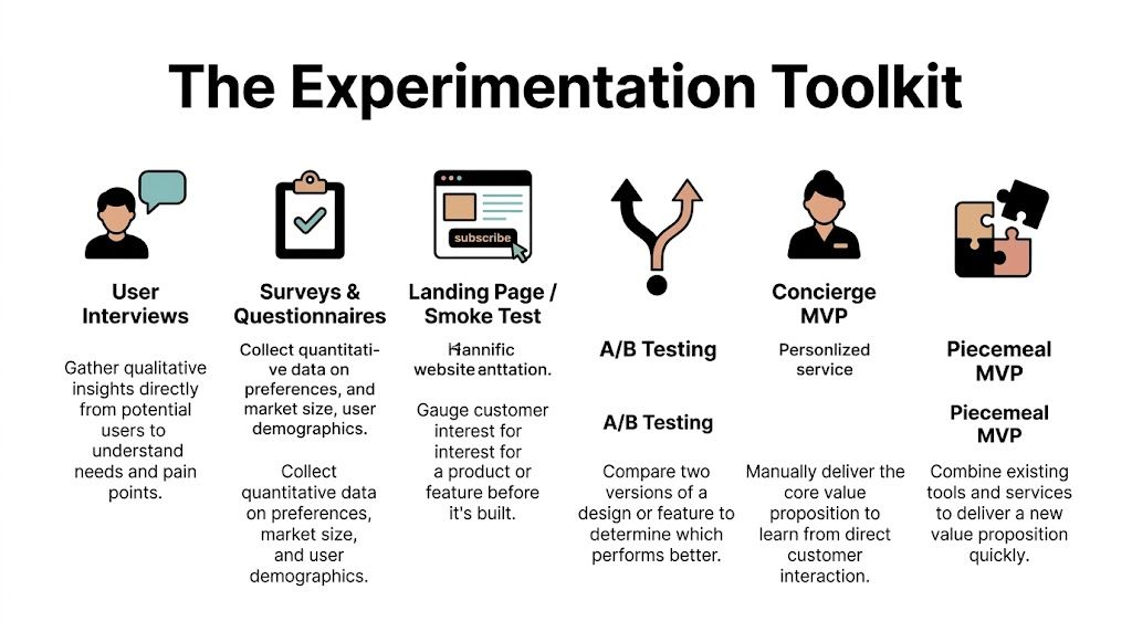 A visual guide illustrating six different experimentation methods for testing new business ideas and customer interest.