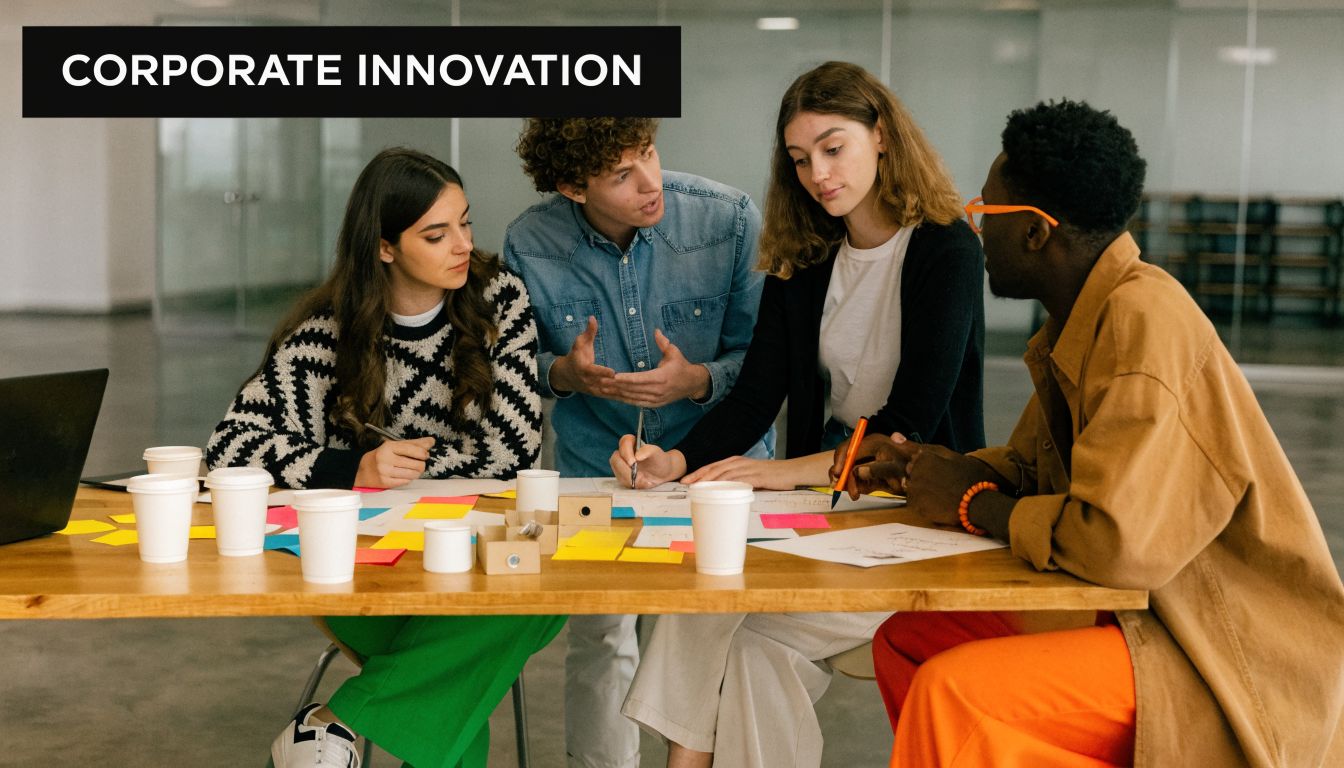 A diverse group of four young professionals collaborating on a business strategy using colorful sticky notes at office.