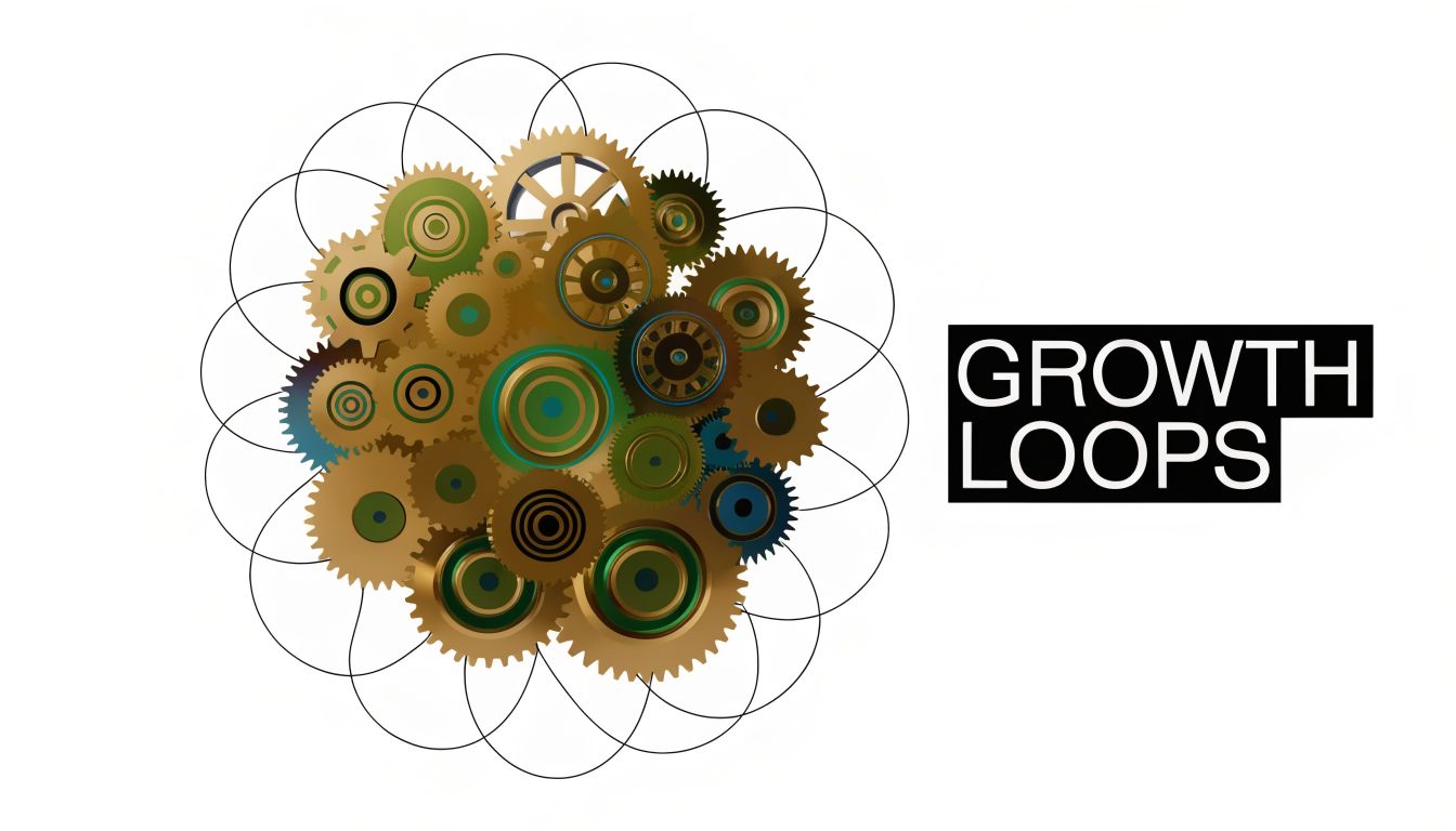 A cluster of brass and metallic gears overlaid on a geometric circle pattern with growth loops text.