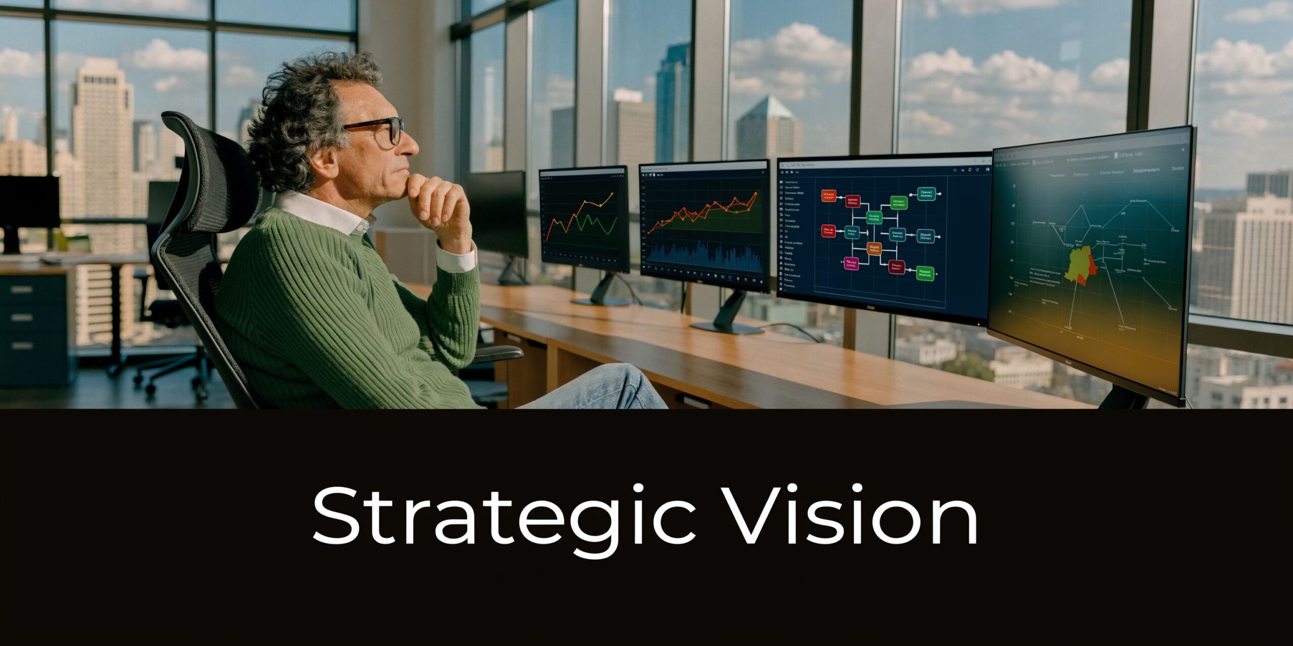 A professional man with glasses looking at multiple computer monitors with data charts in a bright office.