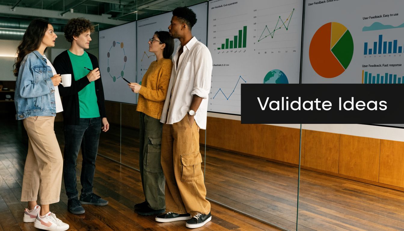 A diverse group of professionals discussing data and strategies in a modern office with large digital displays.