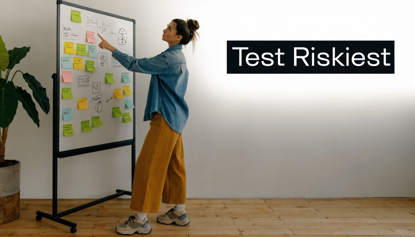 A professional woman standing in front of a whiteboard with sticky notes, analyzing project assumptions.