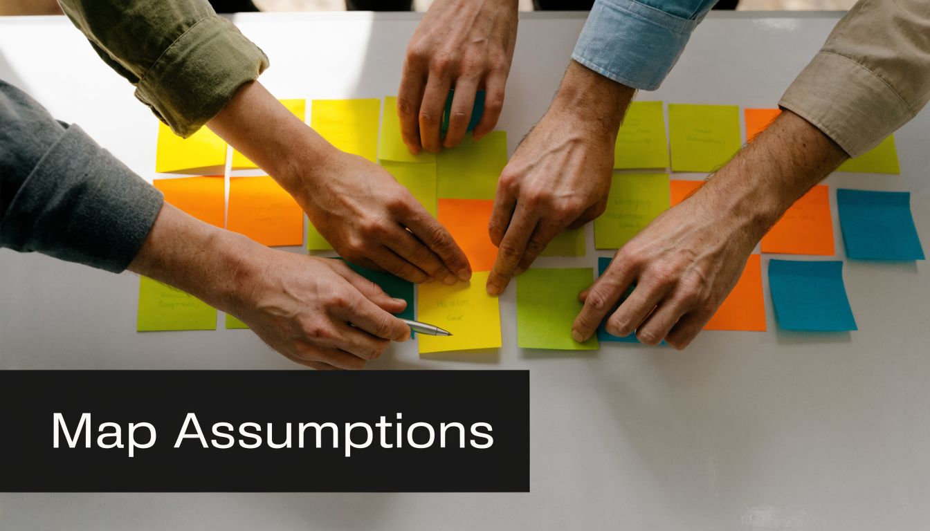 A team of professionals collaborating by placing colorful sticky notes on a white workspace board.