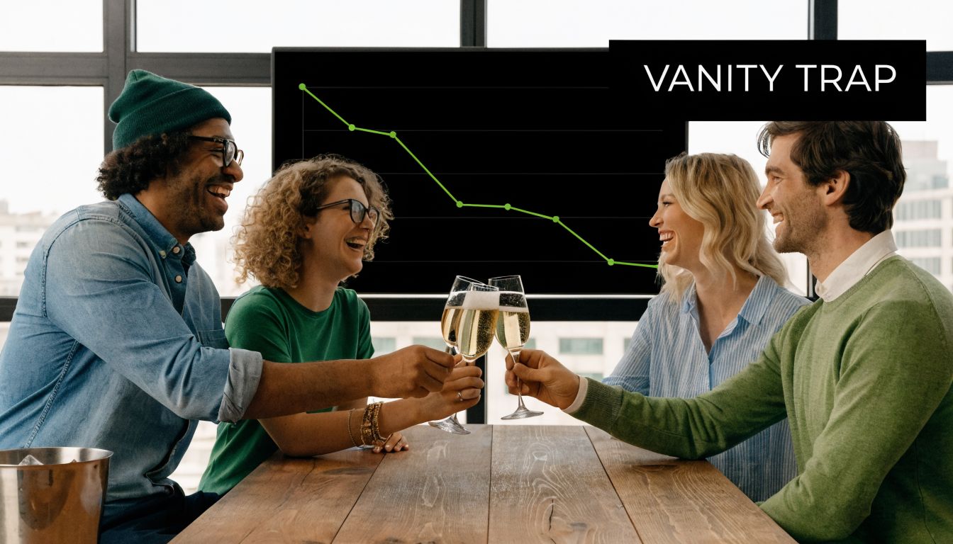 A diverse group of colleagues celebrating while looking at a decreasing trend line on a presentation screen.