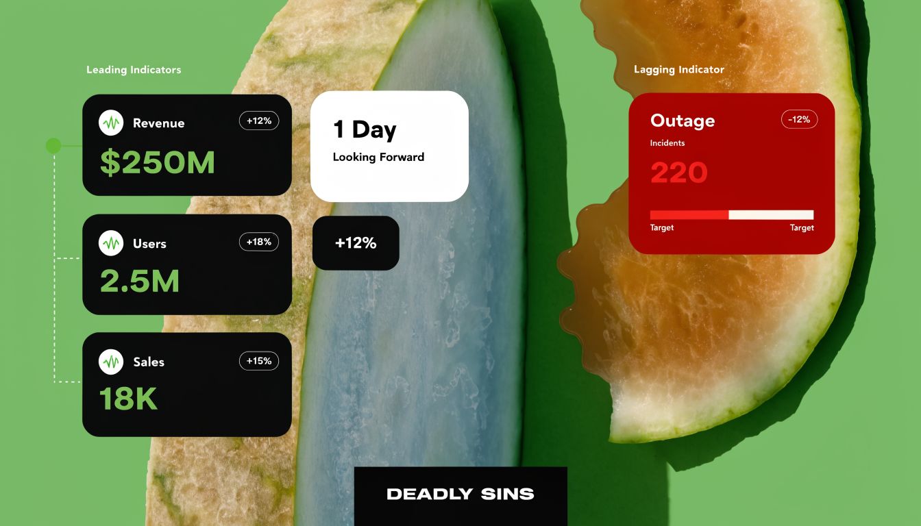 A conceptual dashboard comparing leading business performance indicators to lagging outage metrics over a green background.