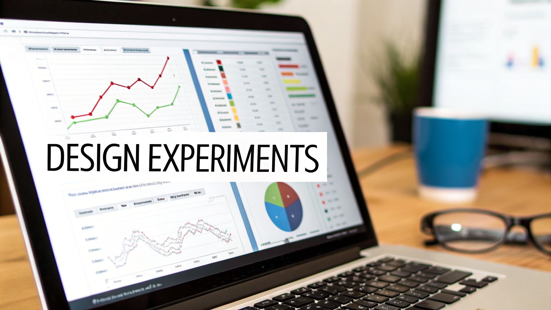 A laptop screen displays data charts with 'DESIGN EXPERIMENTS' text, next to a blue mug and glasses.