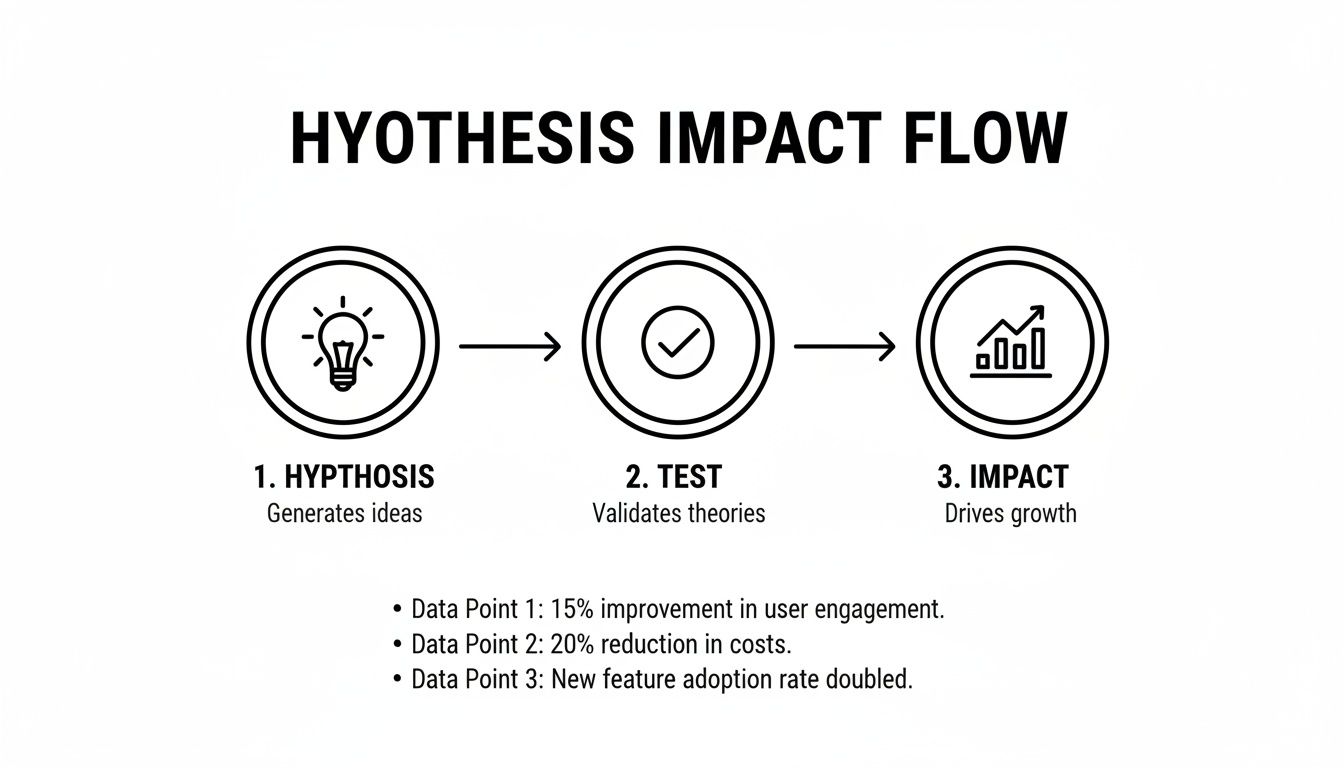 A diagram illustrating the Hypothesis Impact Flow process, showing steps from idea generation to growth.