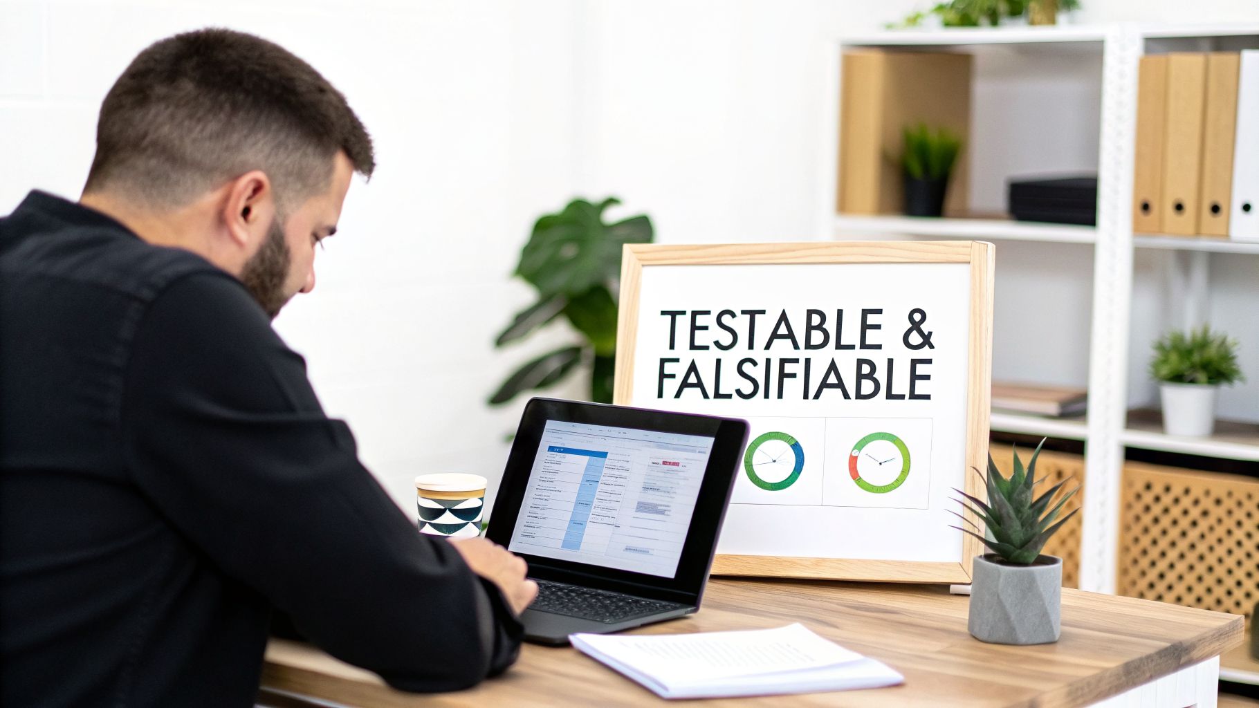 Man working on a laptop in an office, with a 'Testable & Falsifiable' sign on the desk.