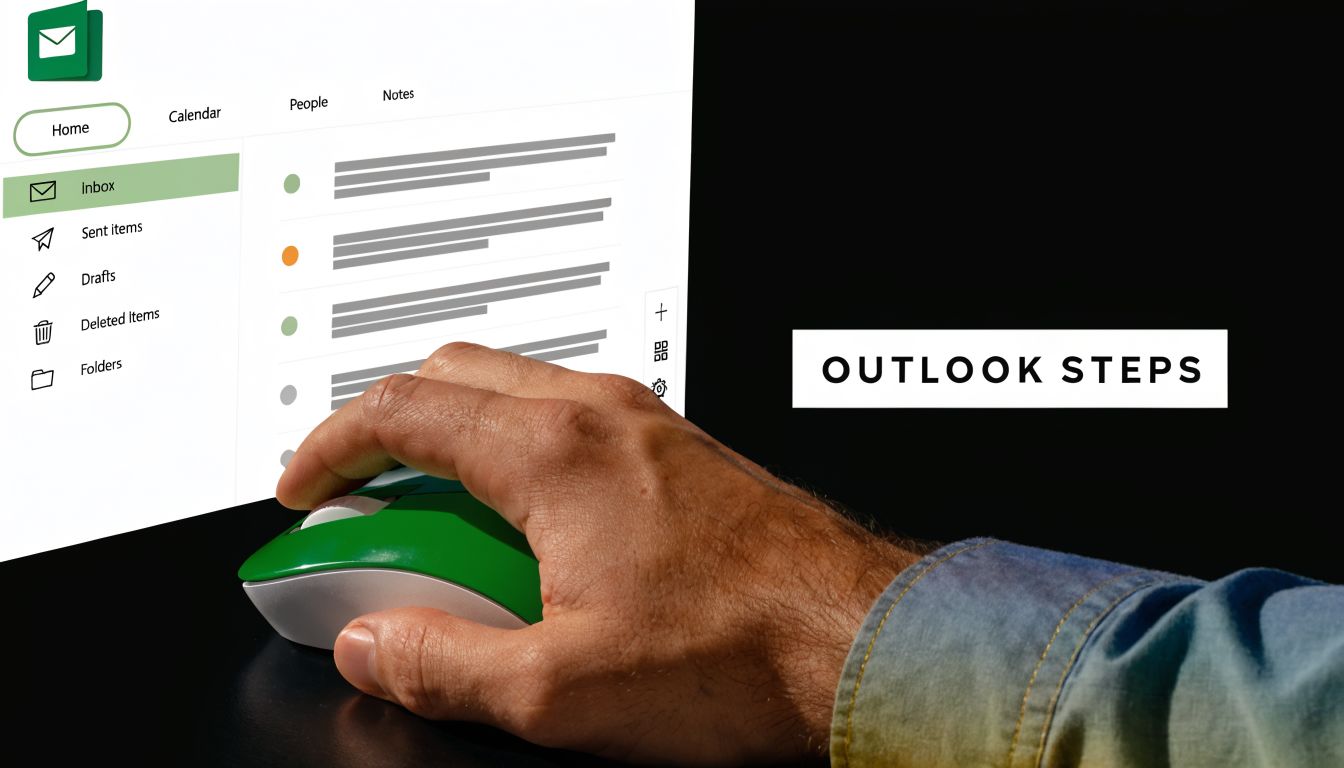 A hand using a computer mouse to navigate an Outlook email interface on a digital screen.
