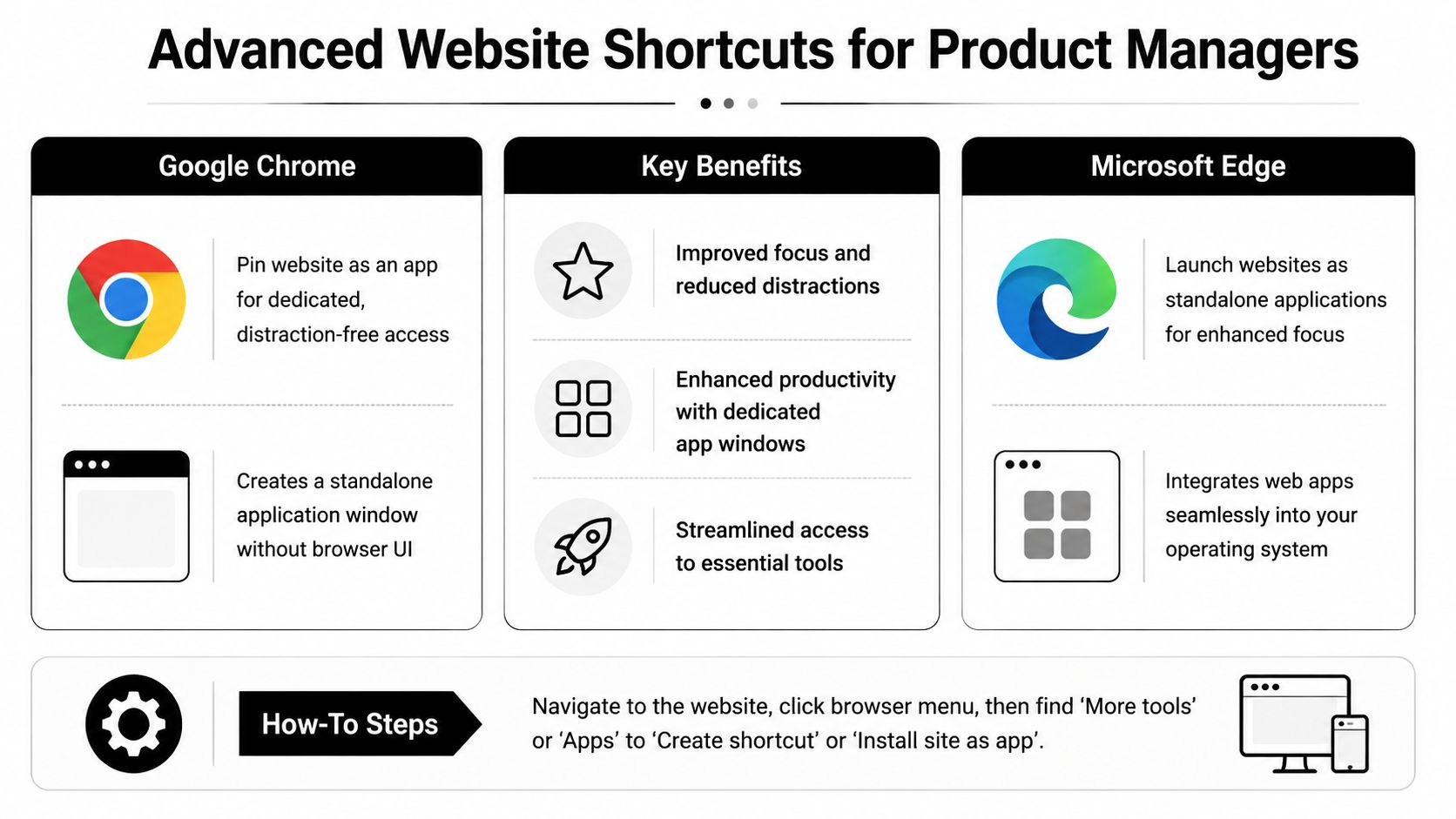 An infographic showing how to create dedicated desktop application shortcuts for websites in Google Chrome and Microsoft Edge.