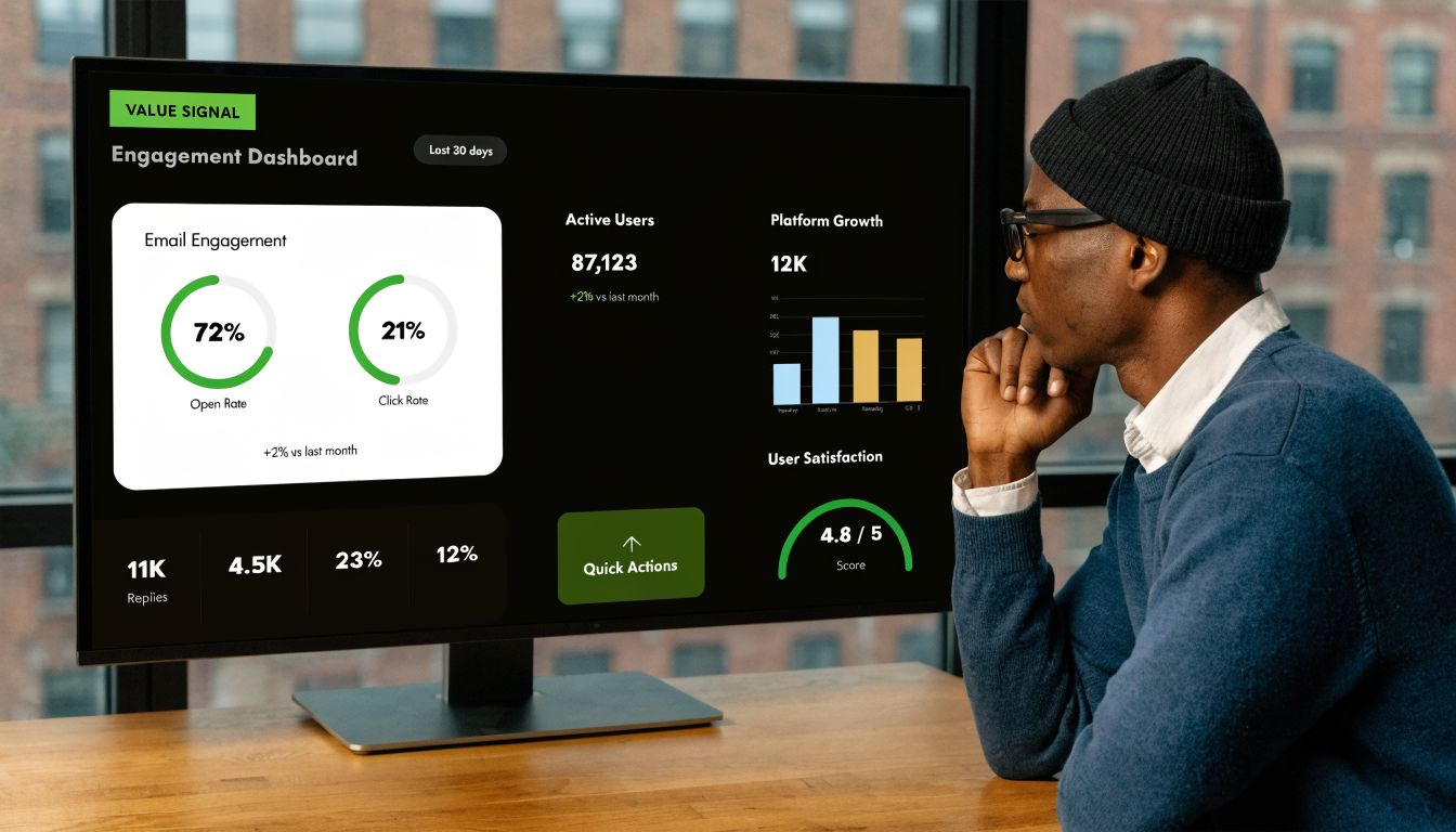 A man wearing a beanie and glasses looking thoughtfully at a computer monitor displaying an engagement dashboard.