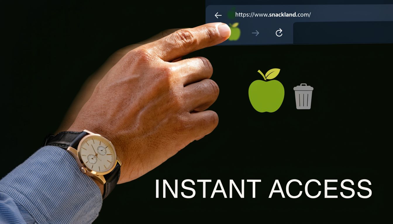 A hand pointing at a browser address bar above the text Instant Access and a green apple icon.