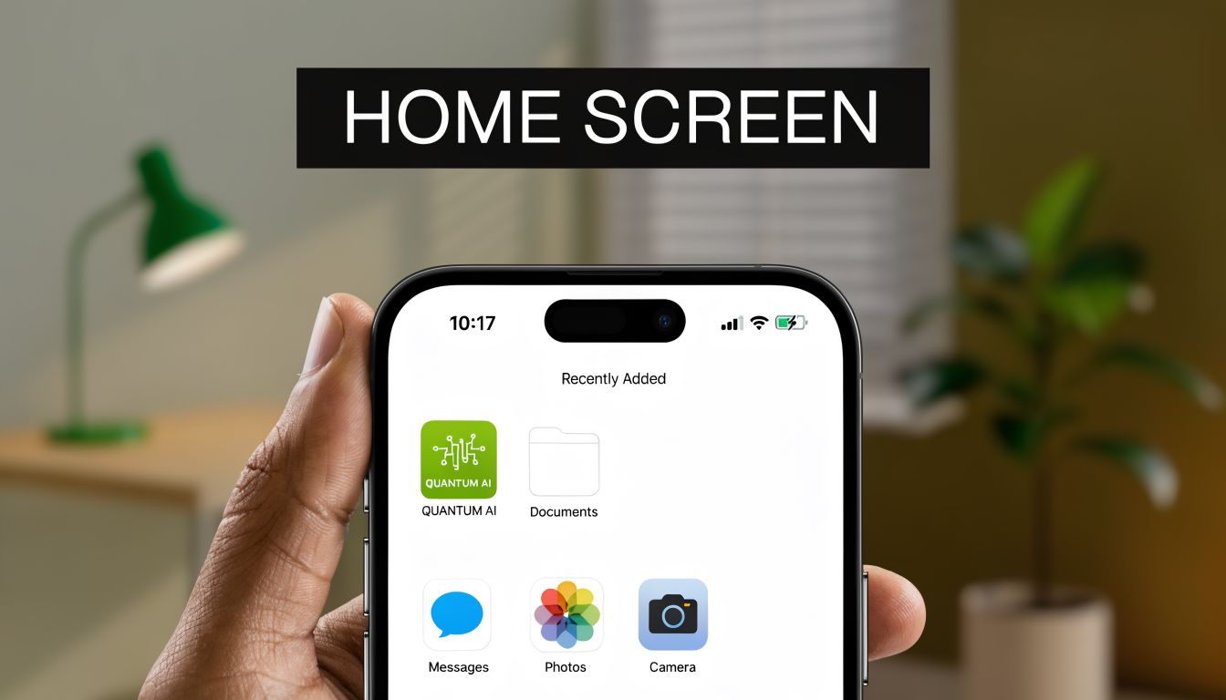 A hand holding a smartphone showing an app drawer interface on a bright home screen background.