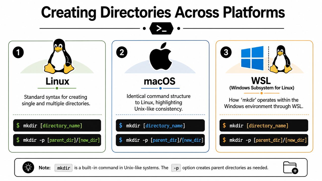 A guide illustrating how to use the mkdir command to create directories across Linux, macOS, and WSL.
