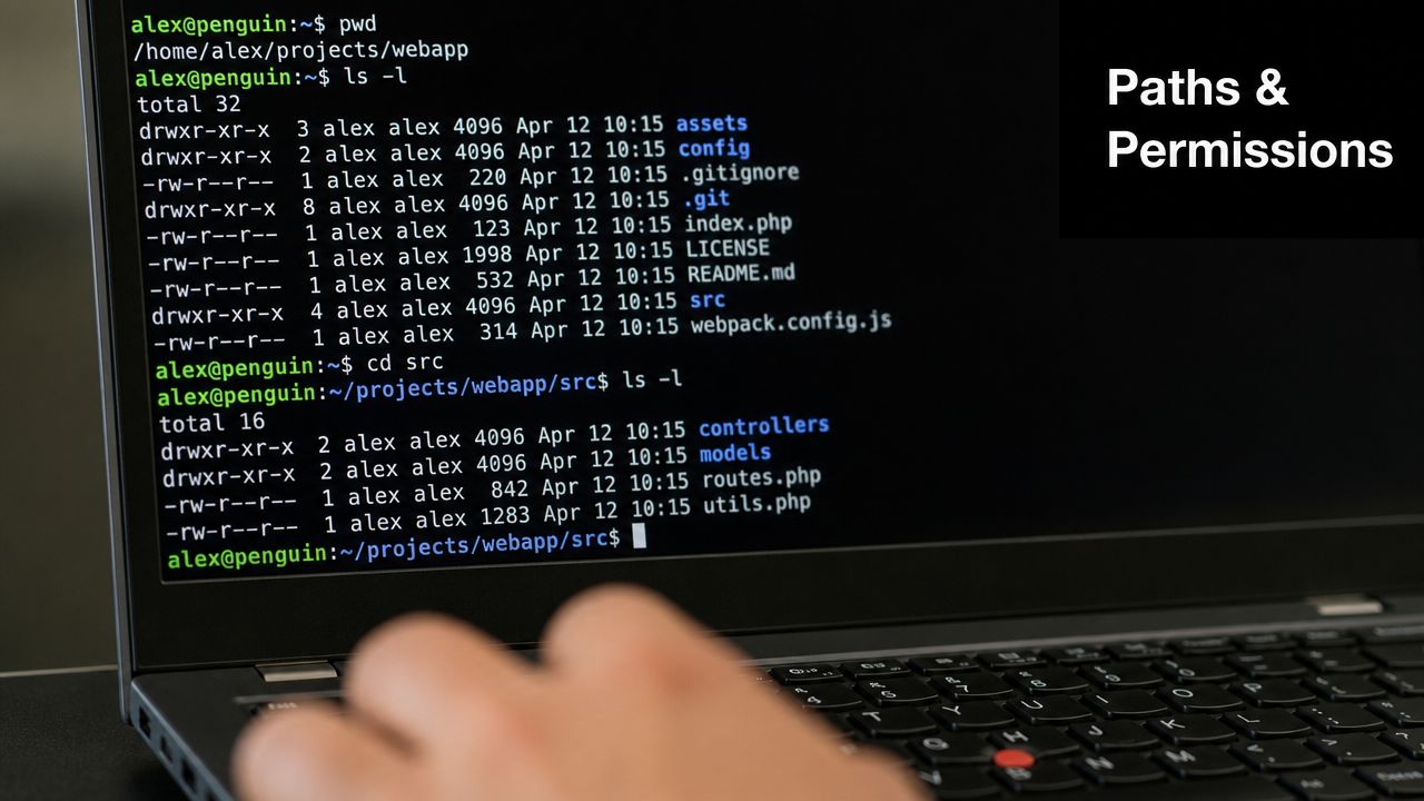 A close-up view of a computer screen showing Linux terminal commands displaying file directories and permissions.