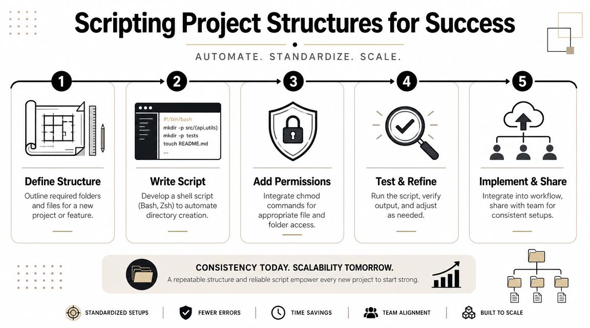 A five-step infographic showing how to automate project folder creation using shell scripting for better workflow standardization.
