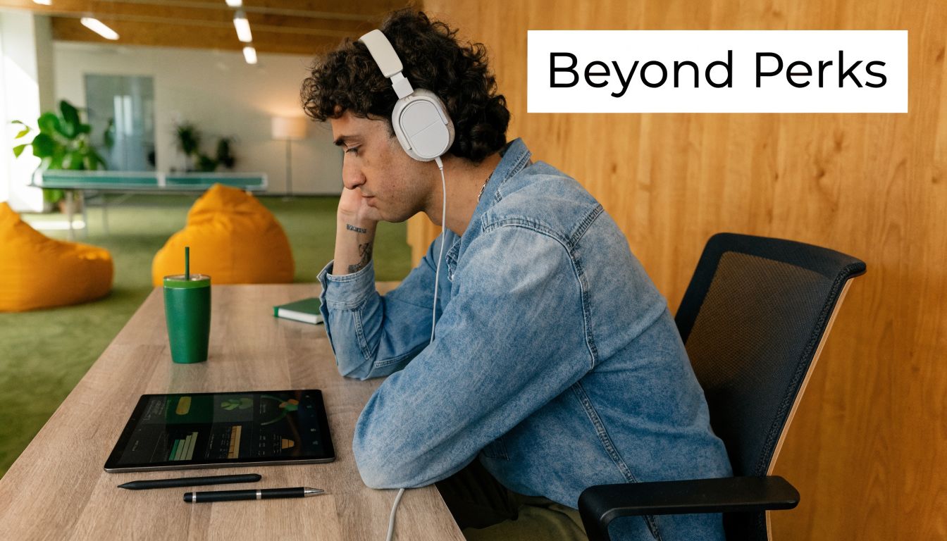 A young man wearing headphones works on a digital tablet at a modern office desk.